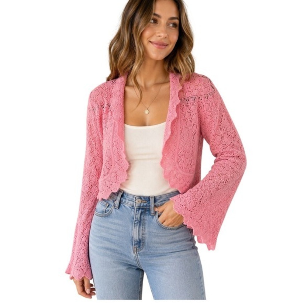 Alpaca International Pink Alpaca Knit Cardigan L/XL Made Peru Ruffle